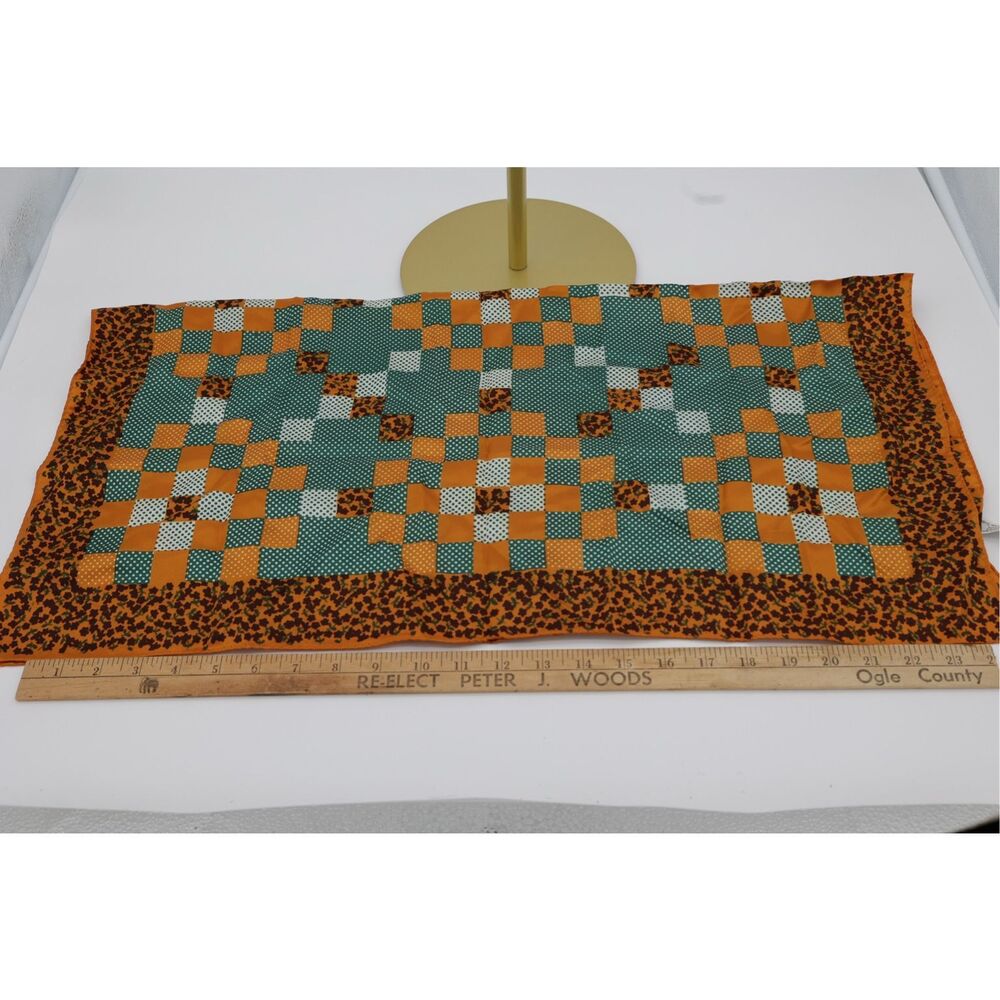 Vintage Japanese Acetate Square Scarf Green Orange‎ Check Floral Border 26x27